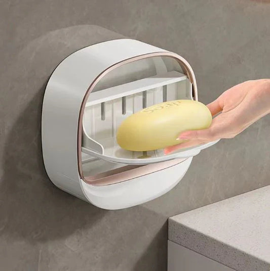 Wall Mounted Soap Holder with Lid and Tray(Comes with Free Self Adhesive Wall Hook)